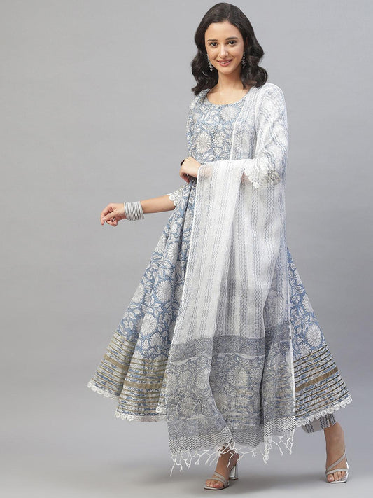 Divena Sky blue Hand Block Printed Anarkali kurta Pant Set with Dupatta - divena world