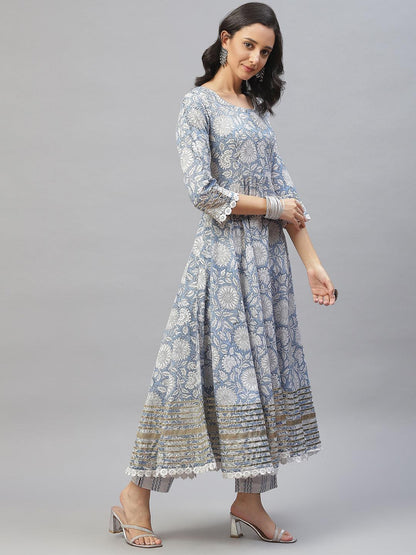 Divena Sky blue Hand Block Printed Anarkali kurta Pant Set with Dupatta - divena world