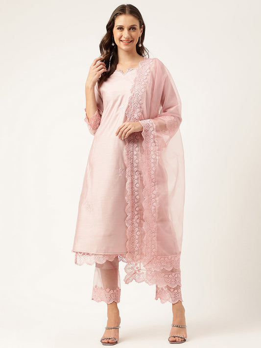 Divena Solid Chanderi Kurta with Inner,Trouser Inner & Dupatta Set