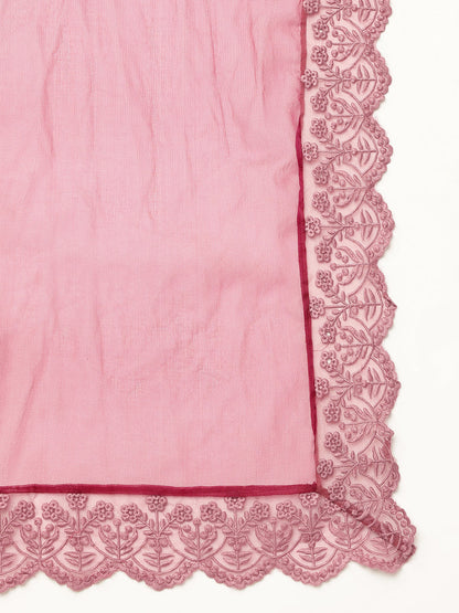 Solid Purple Chanderi Embroidered Kurta with Inner Trouser Inner & Dupatta Set