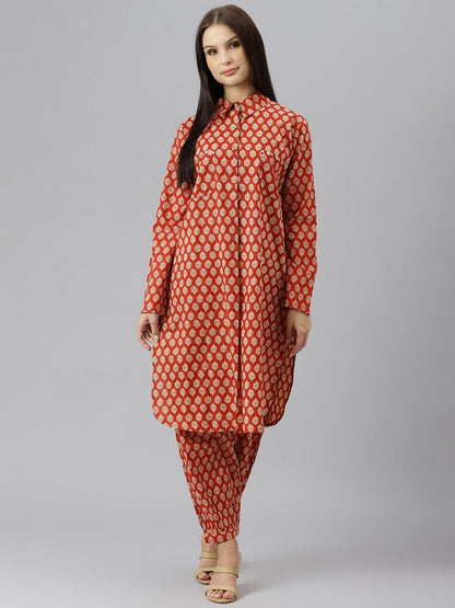 Divena Maroon Cotton Shirt Style Kurta Hem Cuffed Pant Co-ord Set - divena world