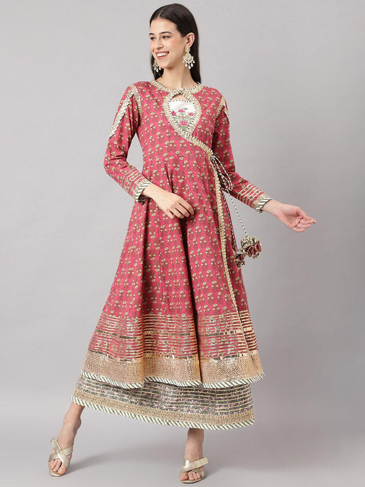 Divena Dark Pink Floral Cotton Anarkali Kurta with Jecket - divena world