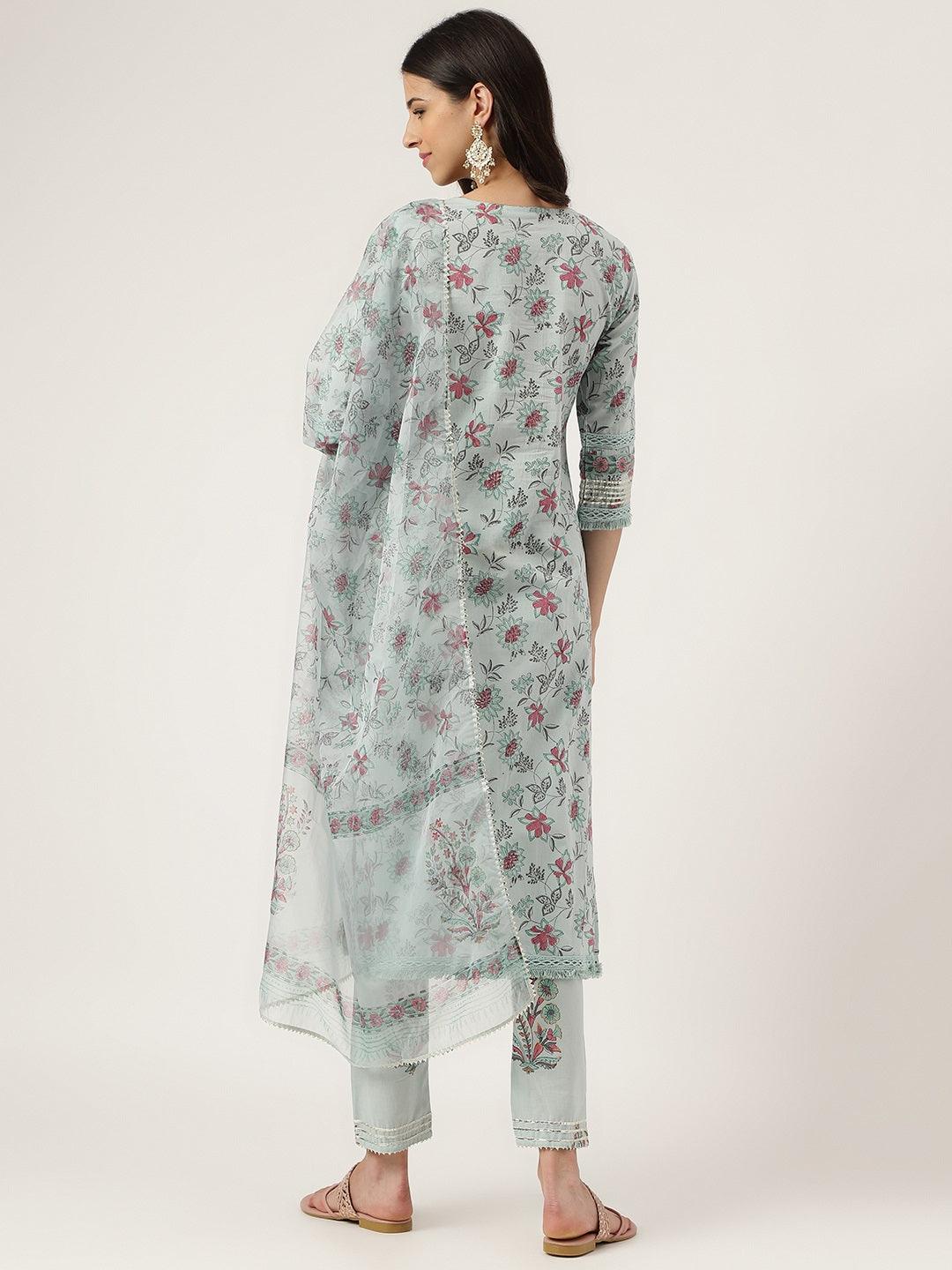 Divena Skyblue Hand Block Cotton Straight pant set with Organza Dupatta - divena world