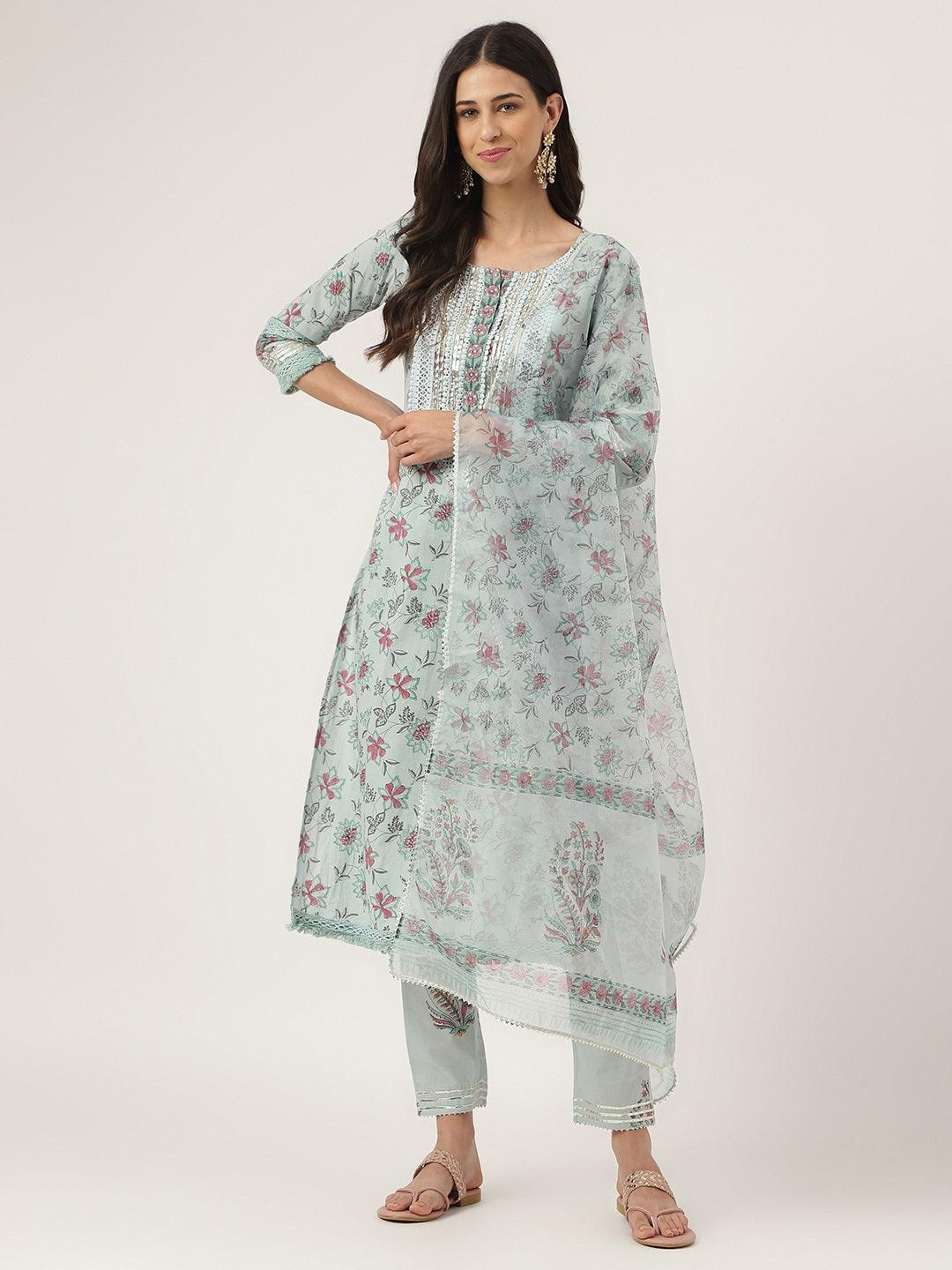 Divena Skyblue Hand Block Cotton Straight pant set with Organza Dupatta - divena world