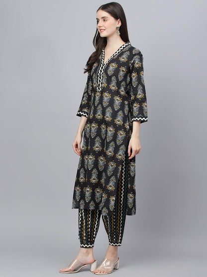 Divena Black Cotton Straight Kurta Hem Cuffed Pant set - divena world