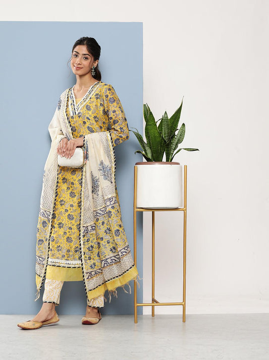 Divena Yellow Pure Chanderi Kurta Pant Set with Dupatta - divena world