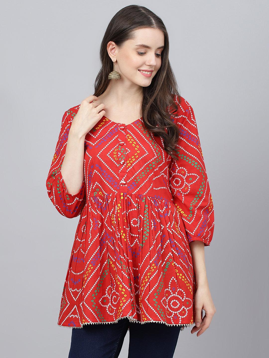 Divena Red Bandhani Printed Cotton Peplum Top - divena world