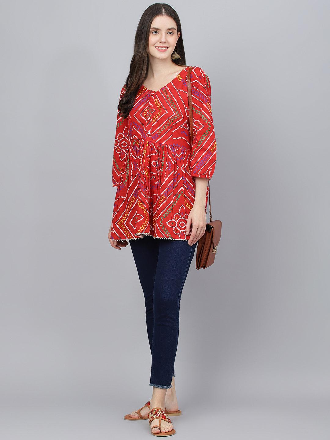 Divena Red Bandhani Printed Cotton Peplum Top - divena world