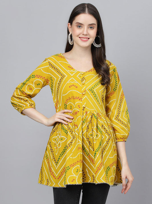 Divena Mustard Bandhani Printed Cotton Peplum Top - divena world