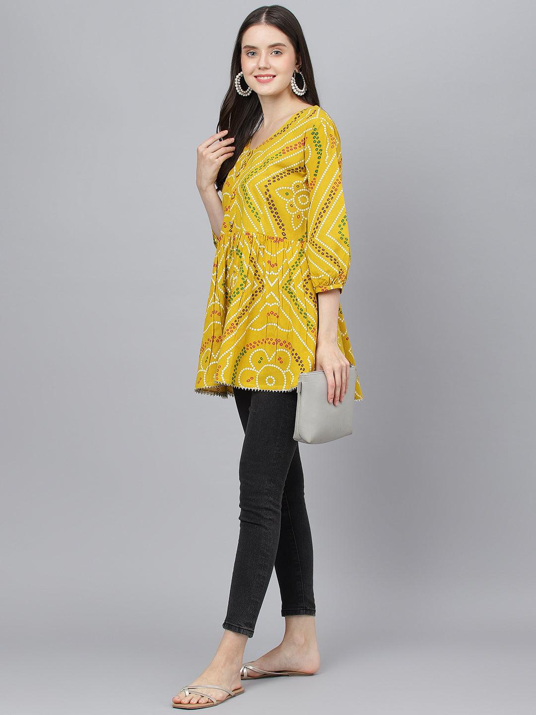 Divena Mustard Bandhani Printed Cotton Peplum Top - divena world