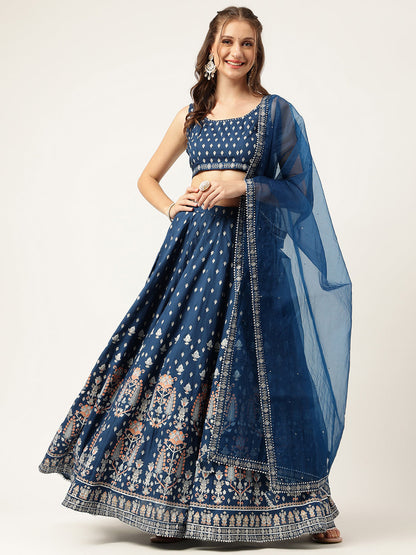 Party Wear Blue Rayon Flared Lehenga Choli Set with Organza Dupatta
