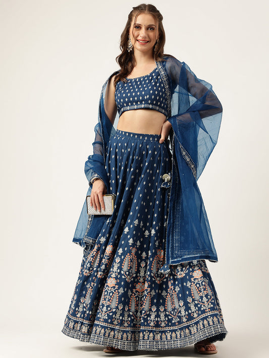 Party Wear Blue Rayon Flared Lehenga Choli Set with Organza Dupatta