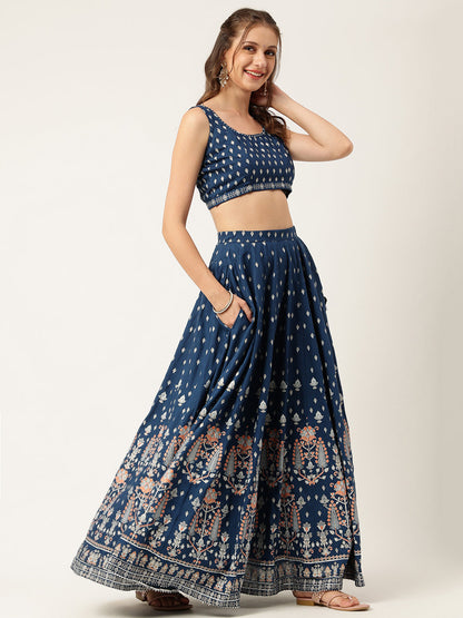 Party Wear Blue Rayon Flared Lehenga Choli Set with Organza Dupatta