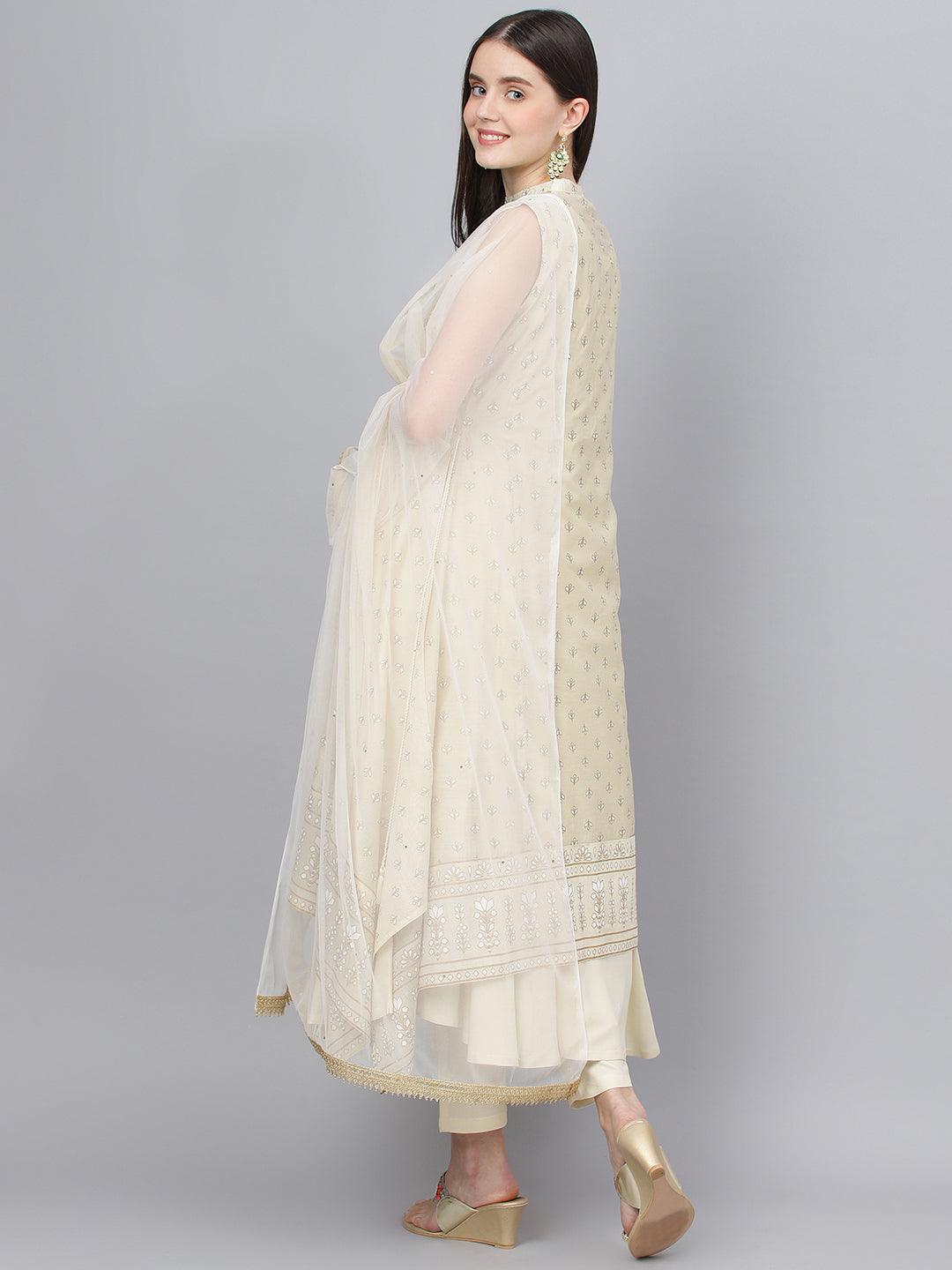 Divena Cream Chanderi kurta Pant Set with Net Dupatta - divena world