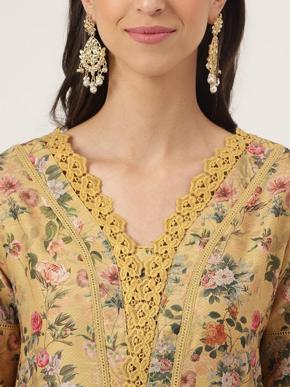 Divena Poly Chanderi Floral Printed Kurta Pant Set with Organza Dupatta - divena world