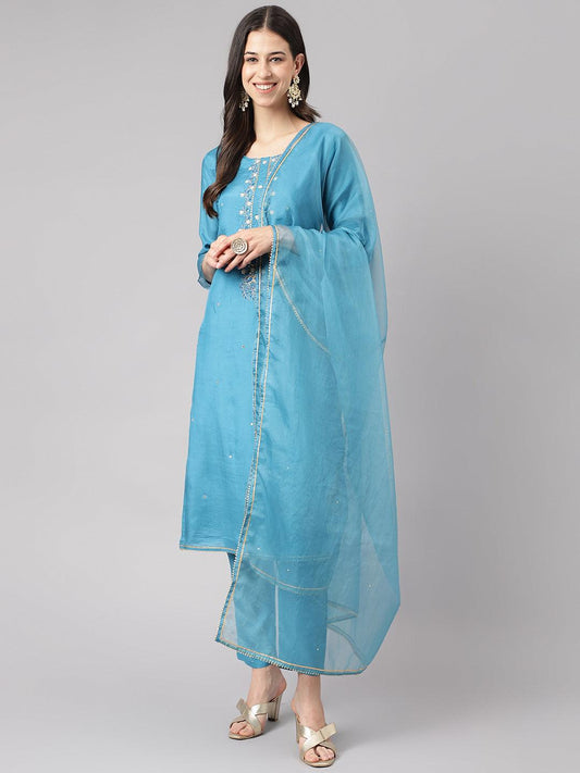 Divena Teal Blue Muslin Embroidary Kurta pant Set with Organza Dupatta - divena world