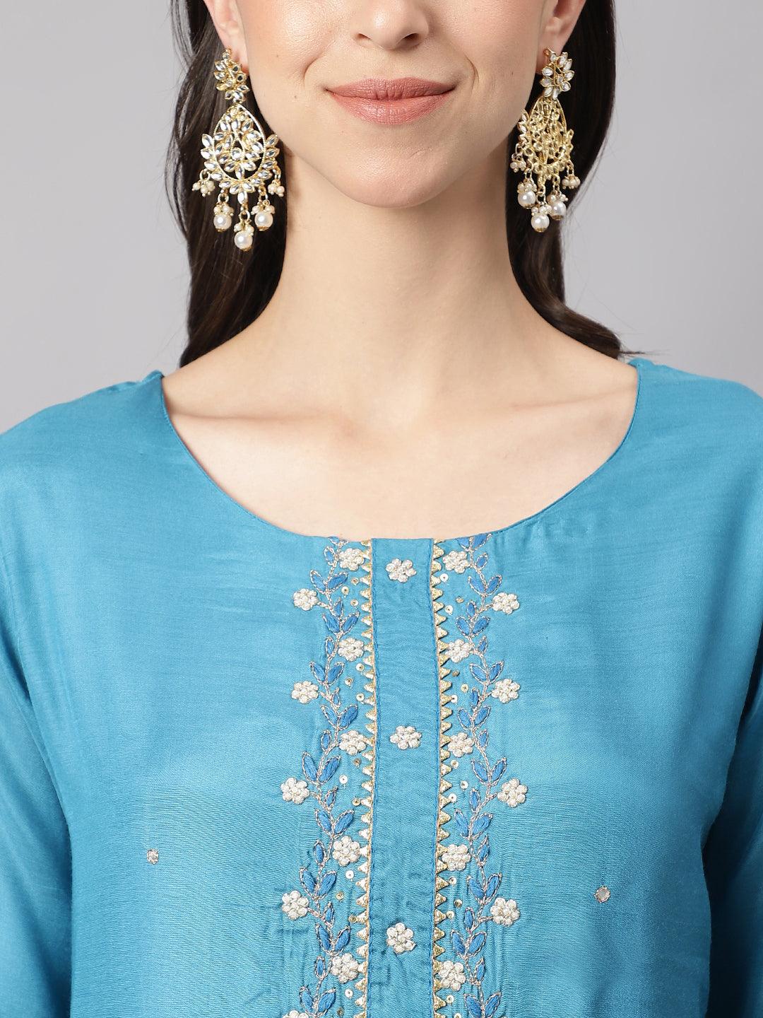 Divena Teal Blue Muslin Embroidary Kurta pant Set with Organza Dupatta - divena world