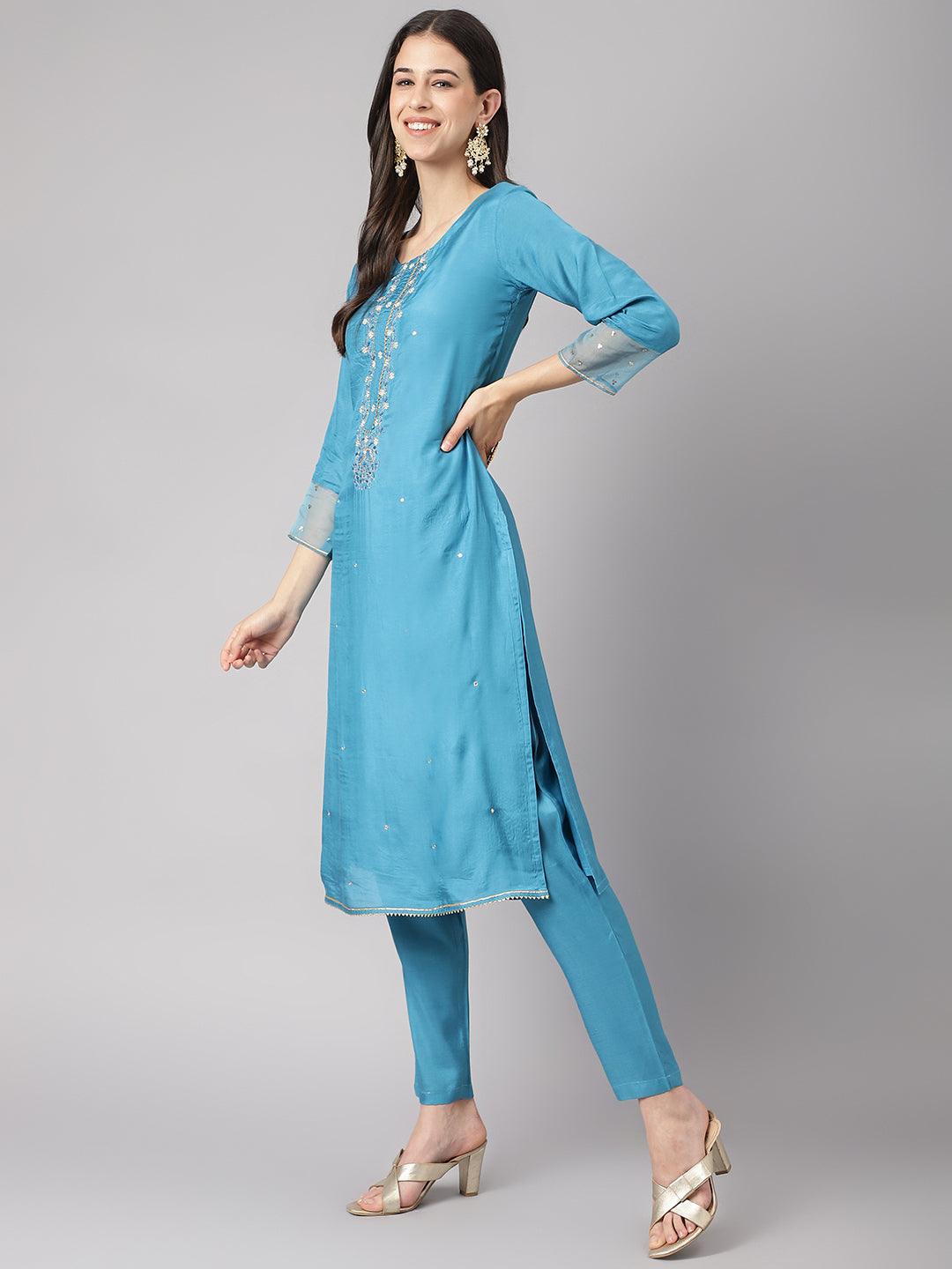 Divena Teal Blue Muslin Embroidery Kurta pant Set with Organza Dupatta - divena world