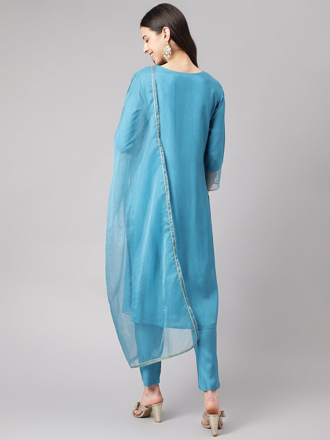 Divena Teal Blue Muslin Embroidery Kurta pant Set with Organza Dupatta - divena world