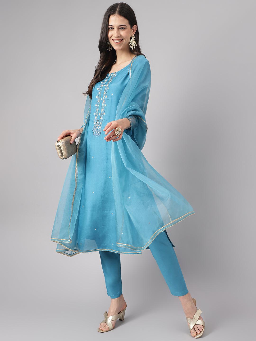 Divena Teal Blue Muslin Embroidery Kurta pant Set with Organza Dupatta - divena world