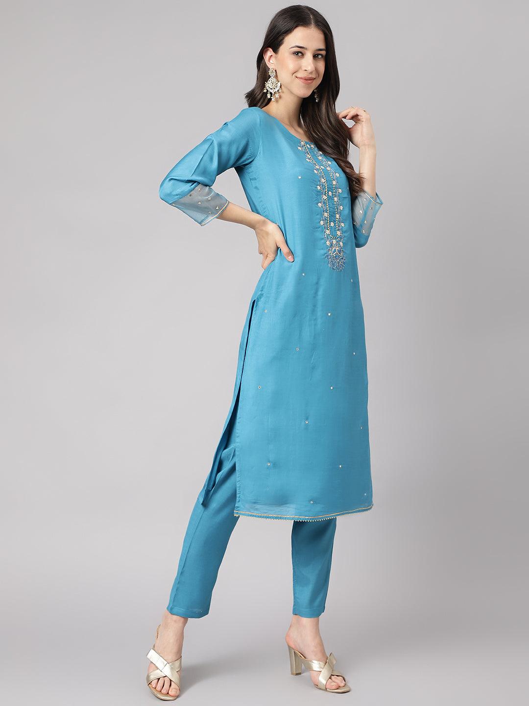 Divena Teal Blue Muslin Embroidary Kurta pant Set with Organza Dupatta - divena world