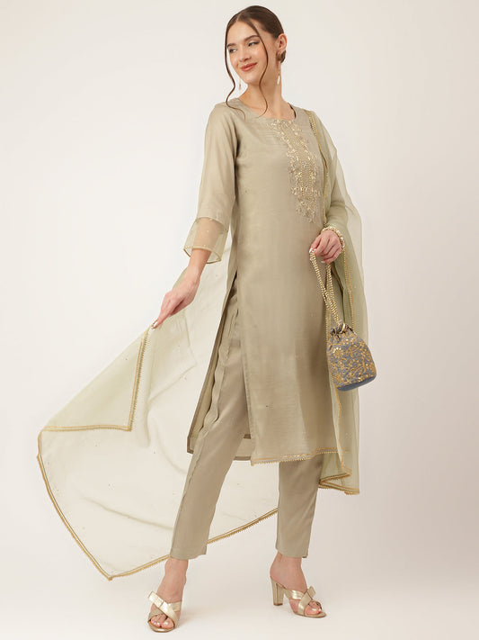 Green Embroidered Chanderi  Kurta Set With Trouser & Dupatta For Women