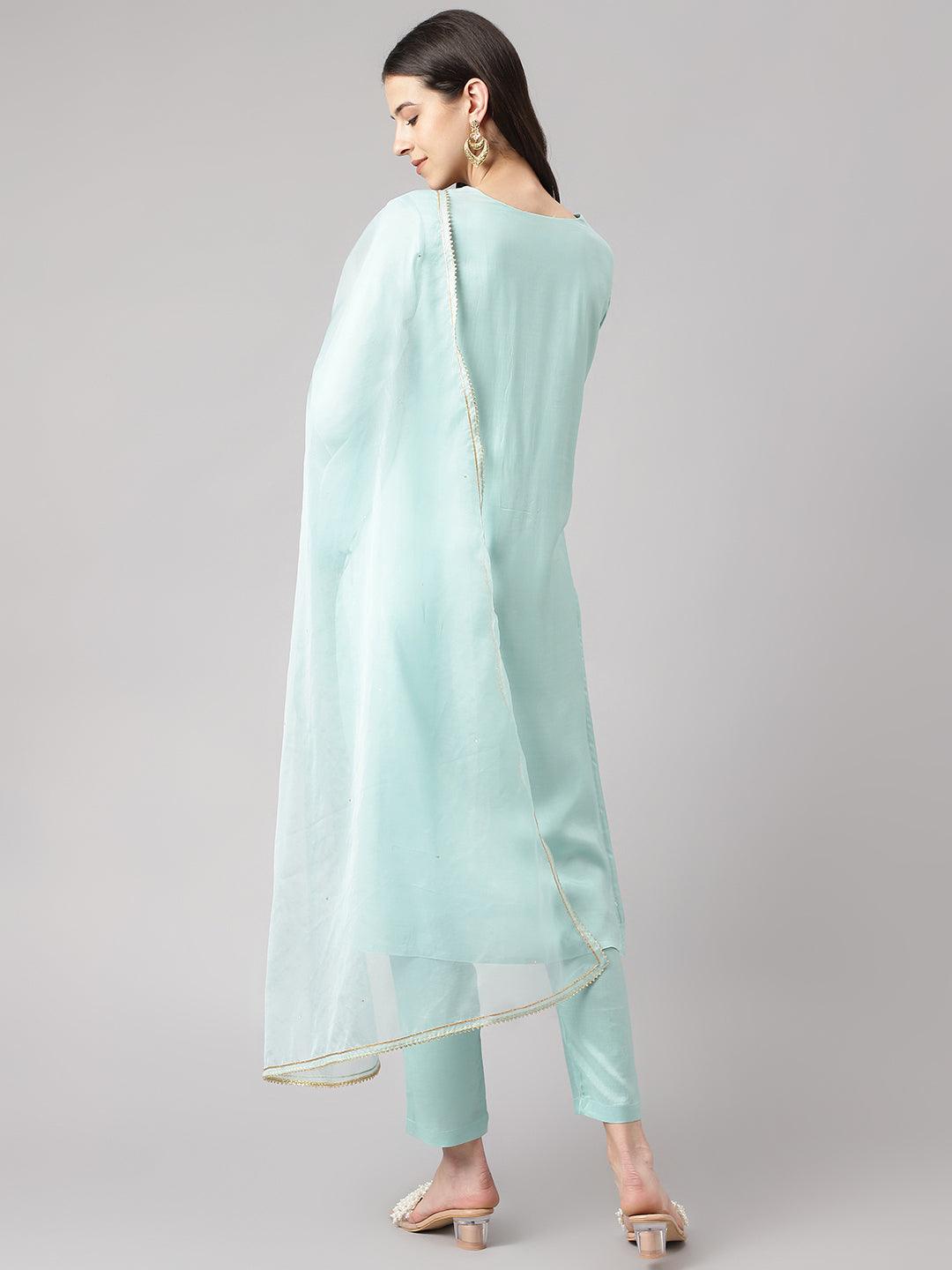 Divena Sea Green Muslin Embroidary Kurta pant Set with Organza Dupatta - divena world