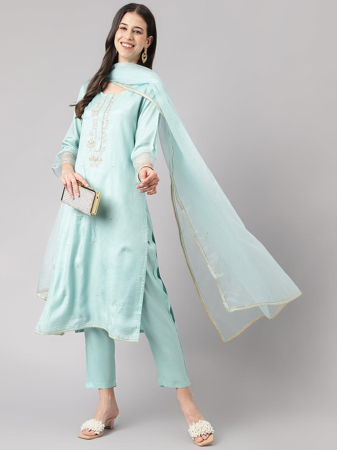 Divena Sea Green Muslin Embroidary Kurta pant Set with Organza Dupatta - divena world