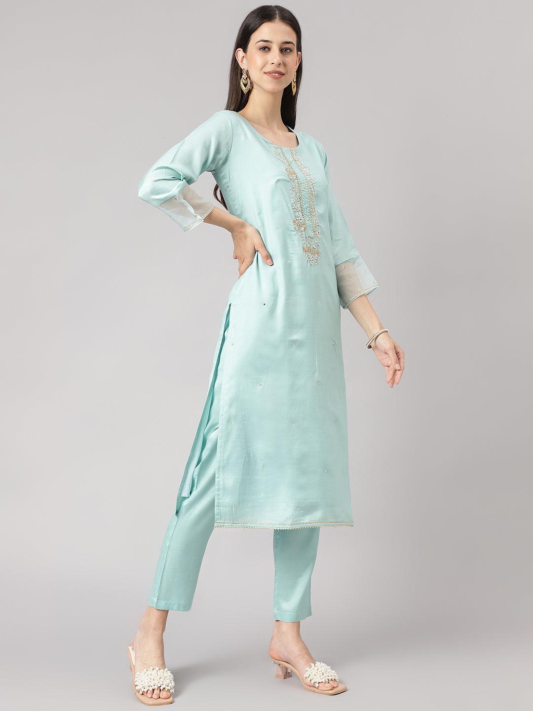 Divena Sea Green Muslin Embroidery Kurta pant Set with Organza Dupatta - divena world