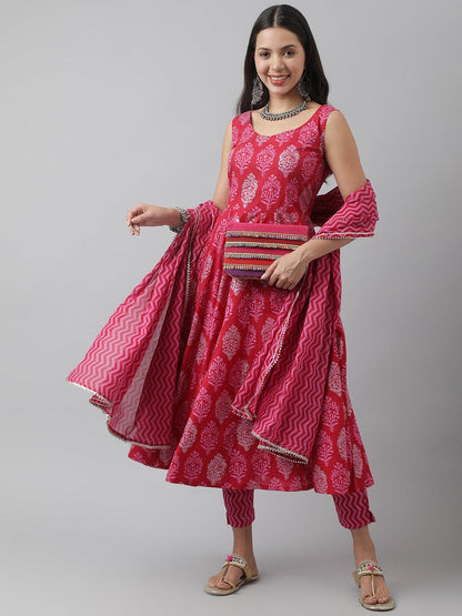 Divena Magenta Floral Cotton Anarkali Kurta Pant Set with Dupatta - divena world