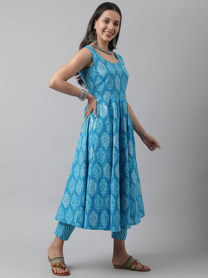 Divena Turquoise Blue Floral Cotton Anarkali Kurta Pant Set with Dupatta - divena world