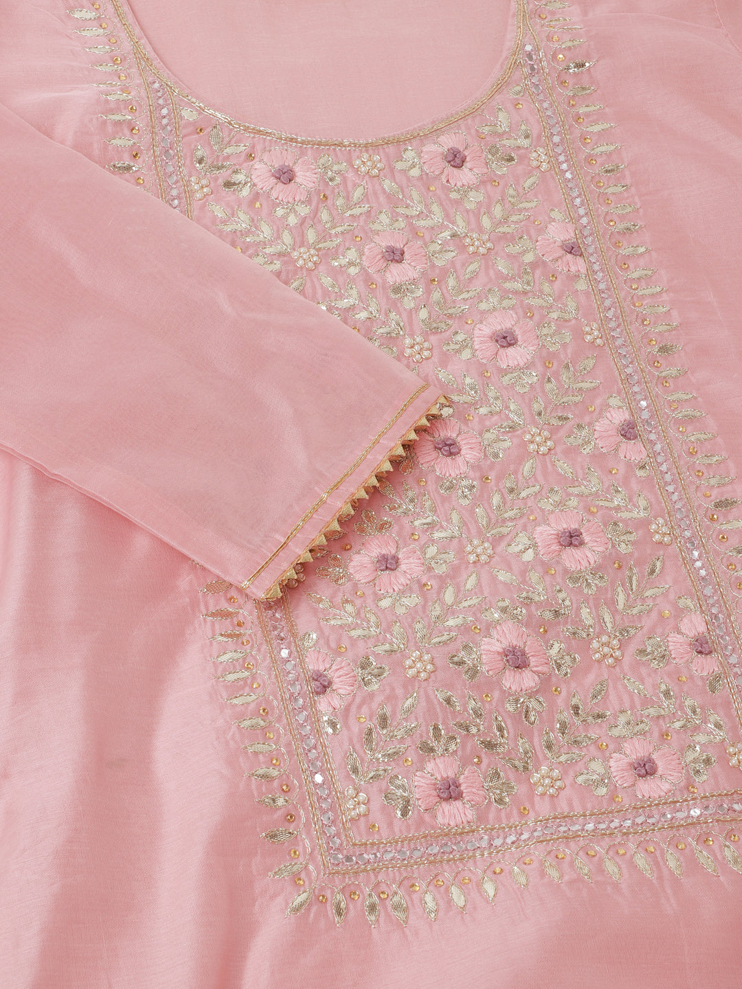 Pink Embroidered Chanderi Kurta with trouser & Organza Dupatta