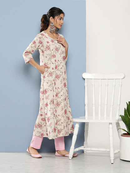Ethnic Off White Women Floral Printed Cotton Kurta