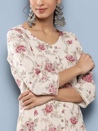 Ethnic Off White Women Floral Printed Cotton Kurta