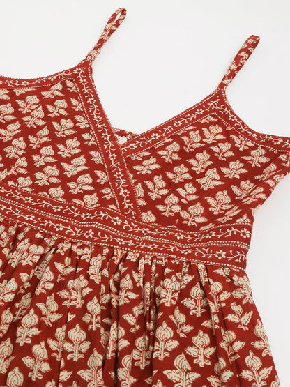 Party Wear Maroon Floral printed Cotton Dress with Smoking Back