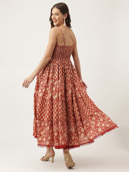 Party Wear Maroon Floral printed Cotton Dress with Smoking Back