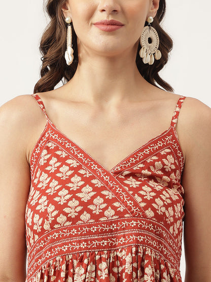 Party Wear Maroon Floral printed Cotton Dress with Smoking Back