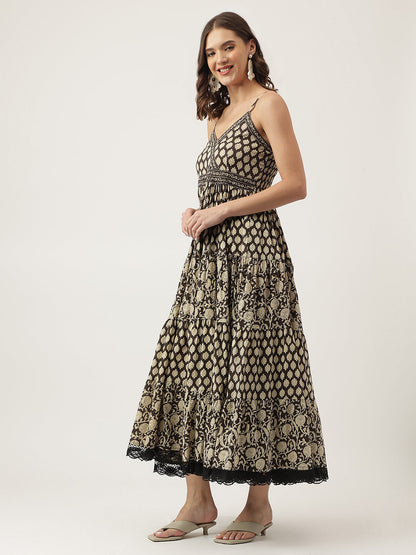 Floral Printed Cotton Empire Brown Party Wear Dress for Women