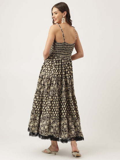 Floral Printed Cotton Empire Brown Party Wear Dress for Women