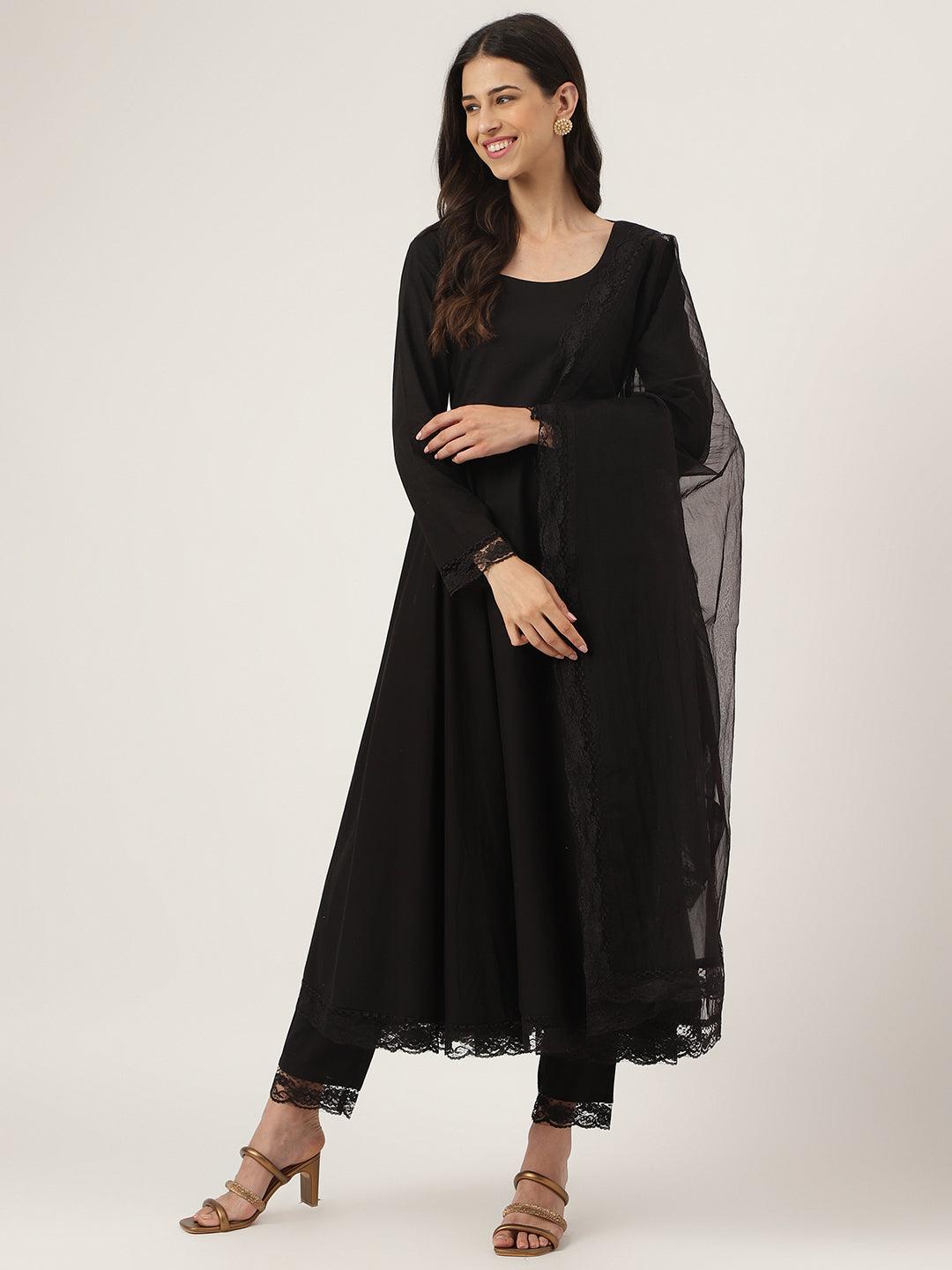 Divena Black Solid Anarkali Kurta Pant set with Dupatta - divena world