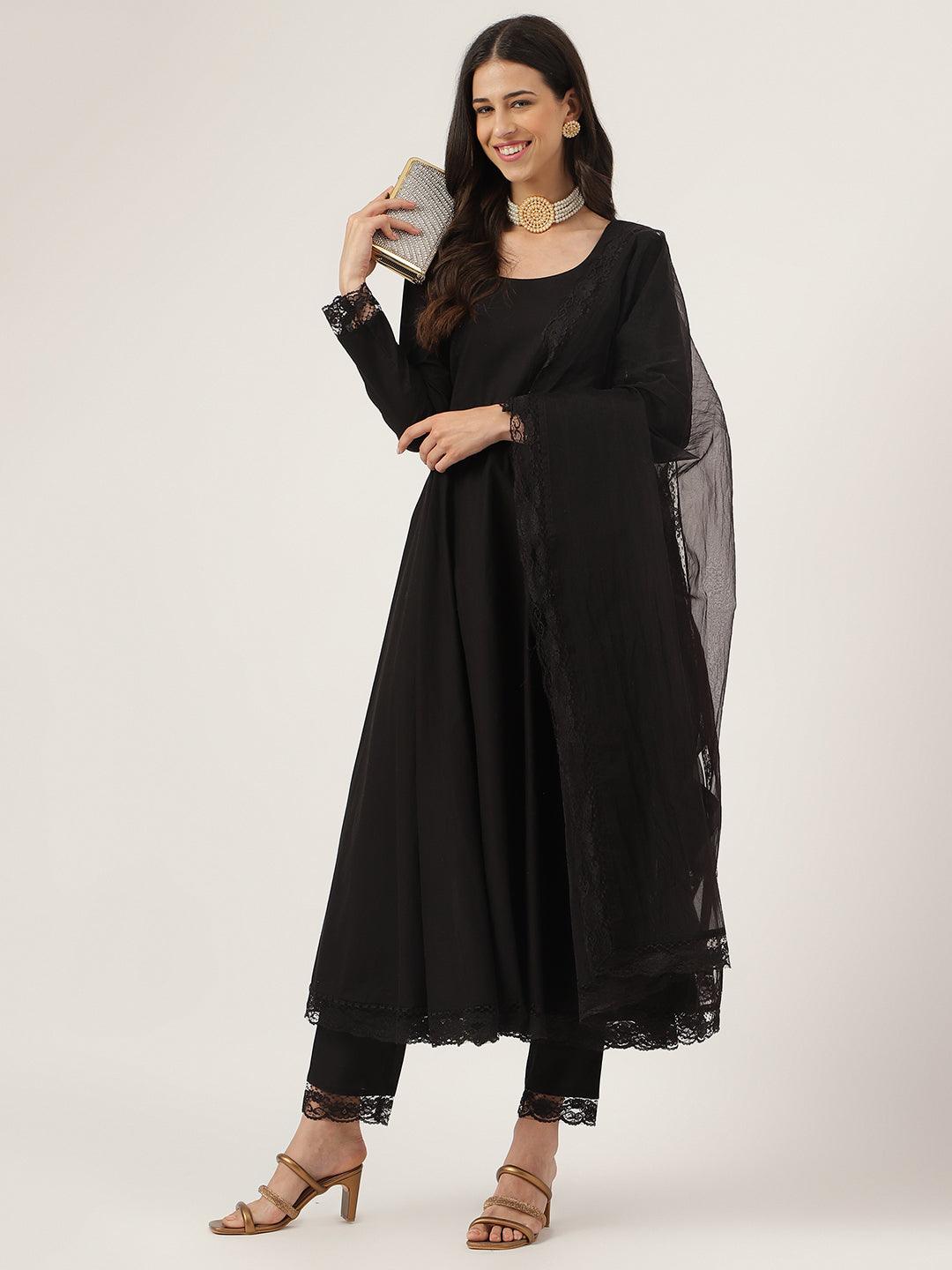 Divena Black Solid Anarkali Kurta Pant set with Dupatta - divena world