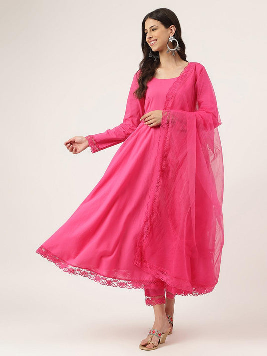 Divena Pink Solid Anarkali Kurta Pant set with Dupatta - divena world