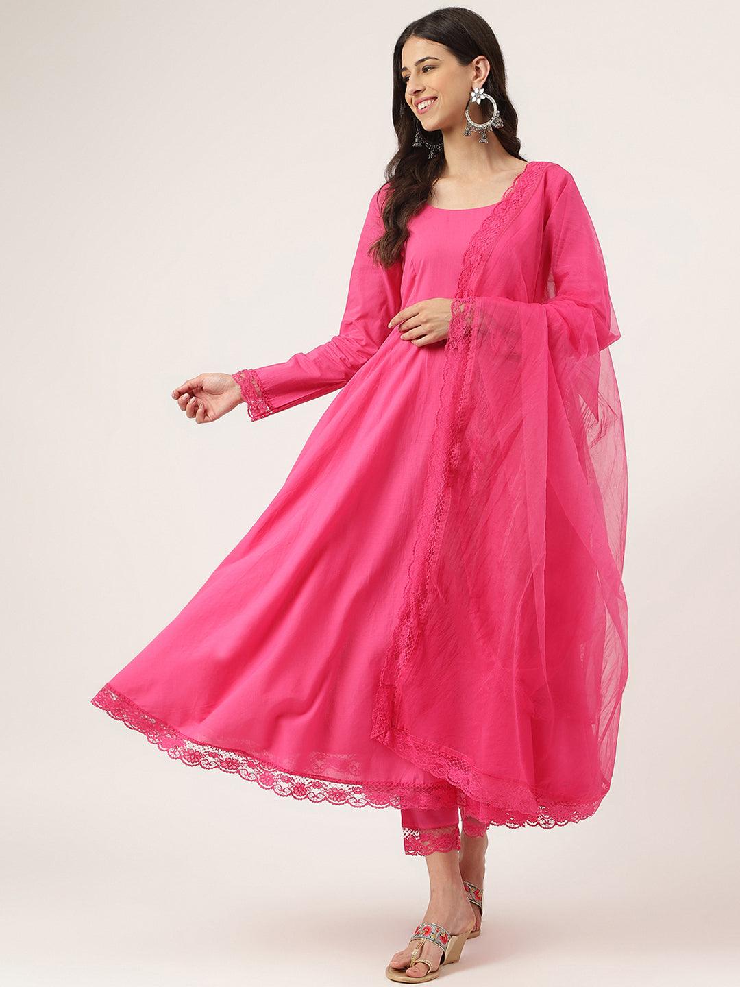 Divena Pink Solid Anarkali Kurta Pant set with Dupatta - divena world