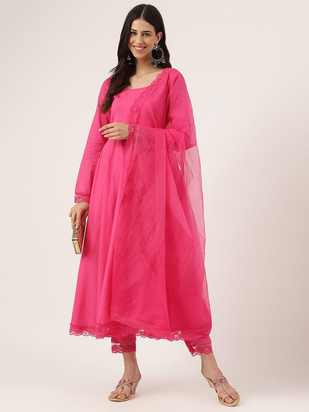 Divena Pink Solid Anarkali Kurta Pant set with Dupatta - divena world