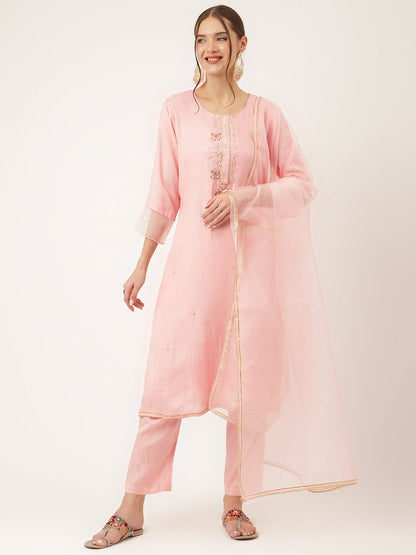 Baby Pink Embroidered Chanderi Kurta Set Trouser & Dupatta For Women