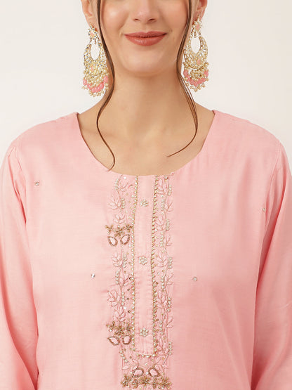 Baby Pink Embroidered Chanderi Kurta Set Trouser & Dupatta For Women