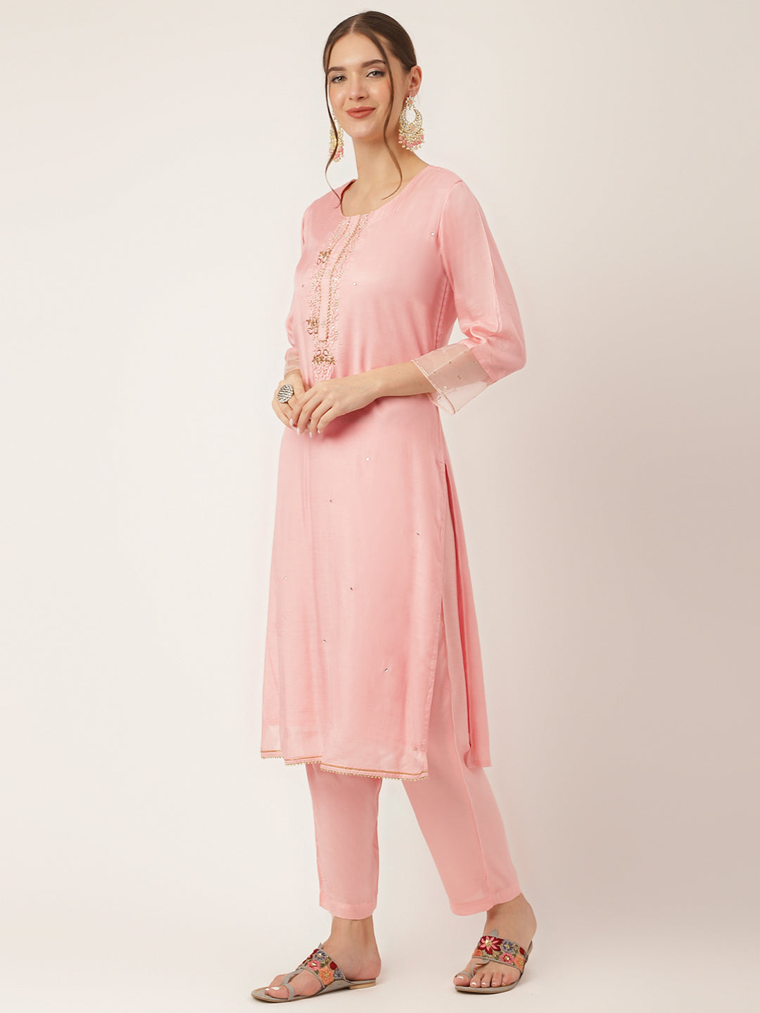 Baby Pink Embroidered Chanderi Kurta Set Trouser & Dupatta For Women