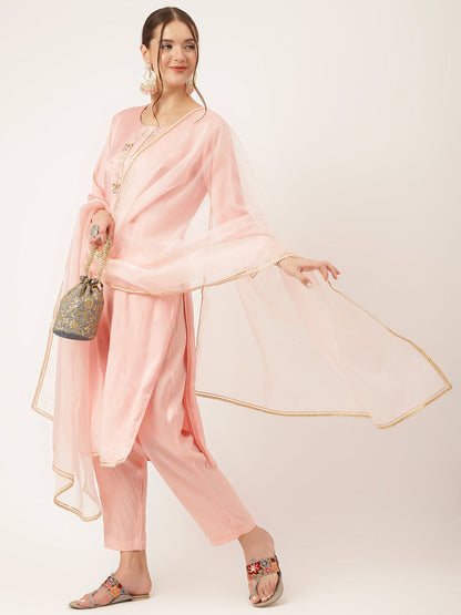Baby Pink Embroidered Chanderi Kurta Set Trouser & Dupatta For Women