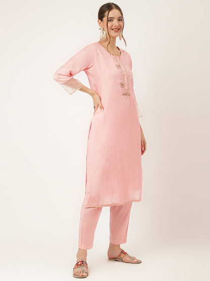 Baby Pink Embroidered Chanderi Kurta Set Trouser & Dupatta For Women