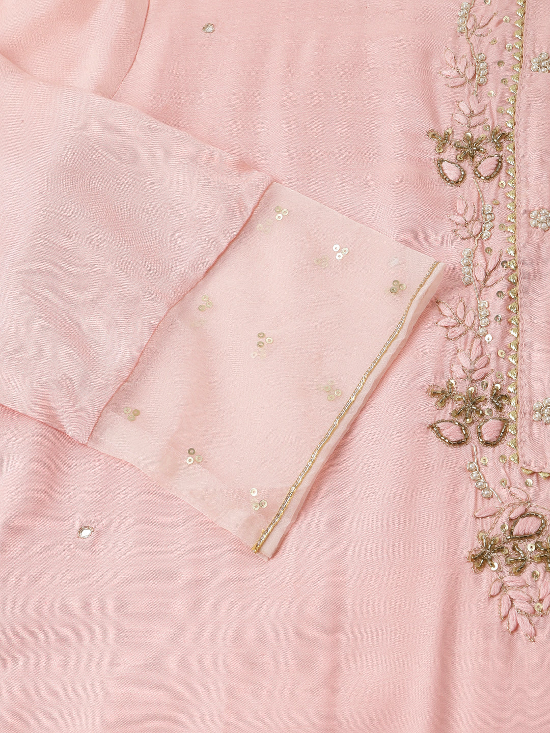 Baby Pink Embroidered Chanderi Kurta Set Trouser & Dupatta For Women